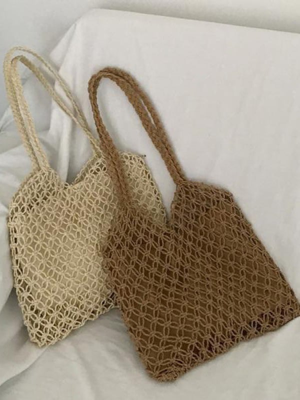 Cotton hemp style hollow straw shoulder bag (with inner bag)