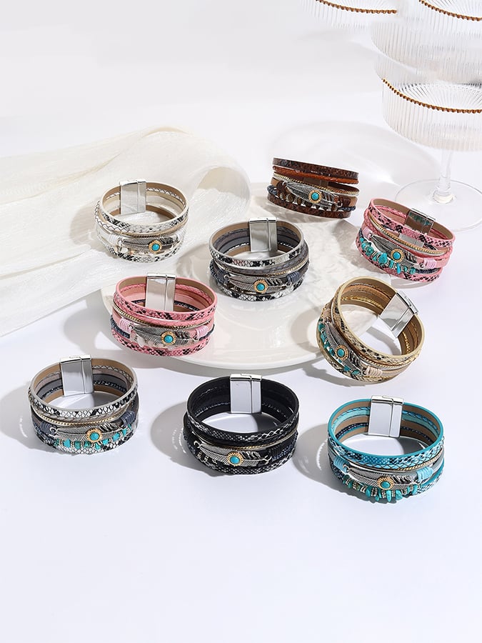 Women's Vintage Bohemian Feather Turquoise Magnet Clasp Bracelet