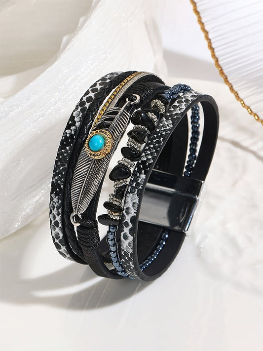 Women's Vintage Bohemian Feather Turquoise Magnet Clasp Bracelet