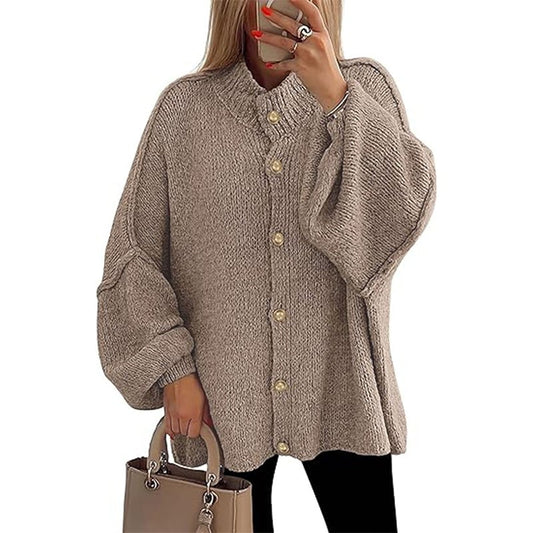 Women's Winter Button Down Cardigan Sweaters Mock Neck Lantern Long Sleeve Chunky Knit Jacket Trendy Outerwear
