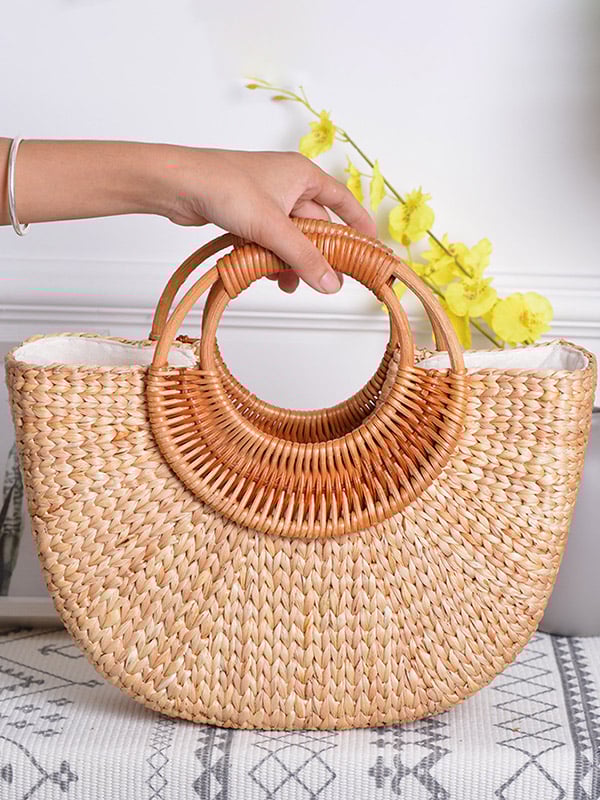 Cotton, hemp and rattan moon style handbag
