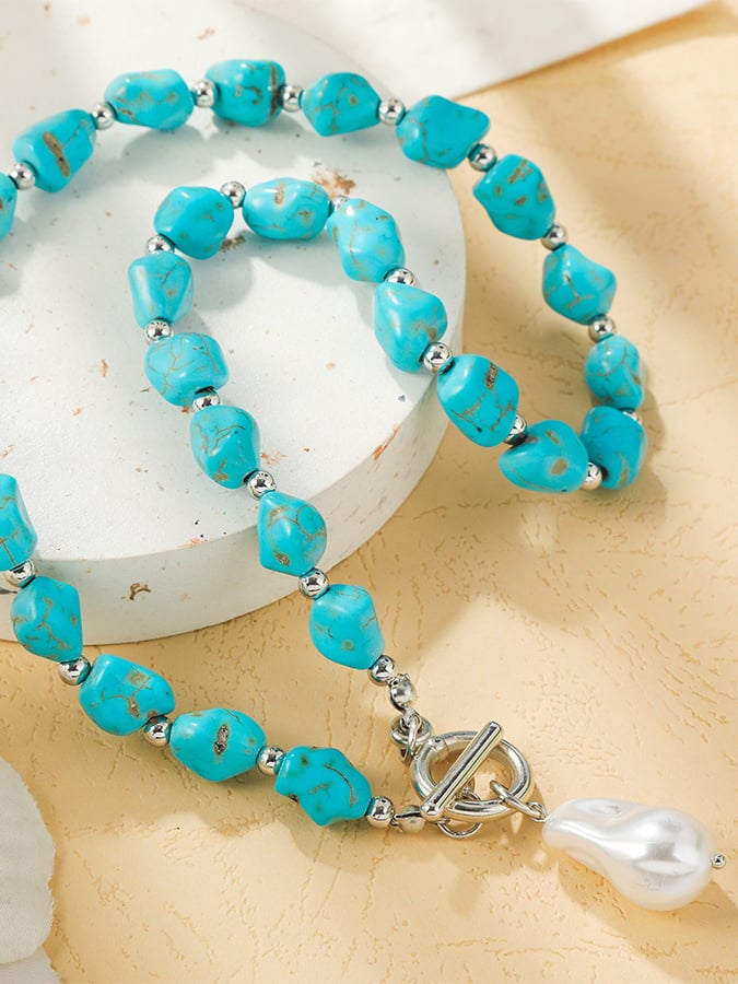 Vintage Turquoise Pendant Bohemian Beaded Ethnic Jewelry Turquoise Necklace Earring Set