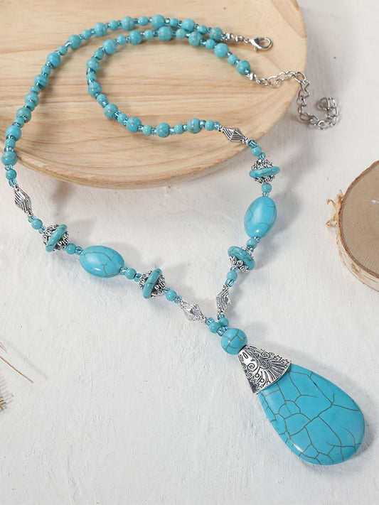Vintage Turquoise Pendant Bohemian Beaded Ethnic Jewelry Turquoise Necklace Earring Set