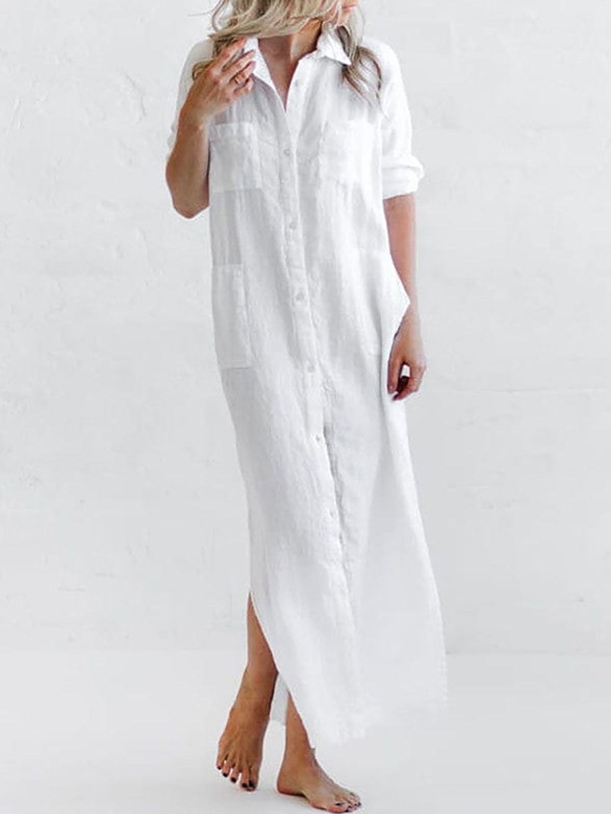 Women's Casual Solid Color Shirt Long Dress