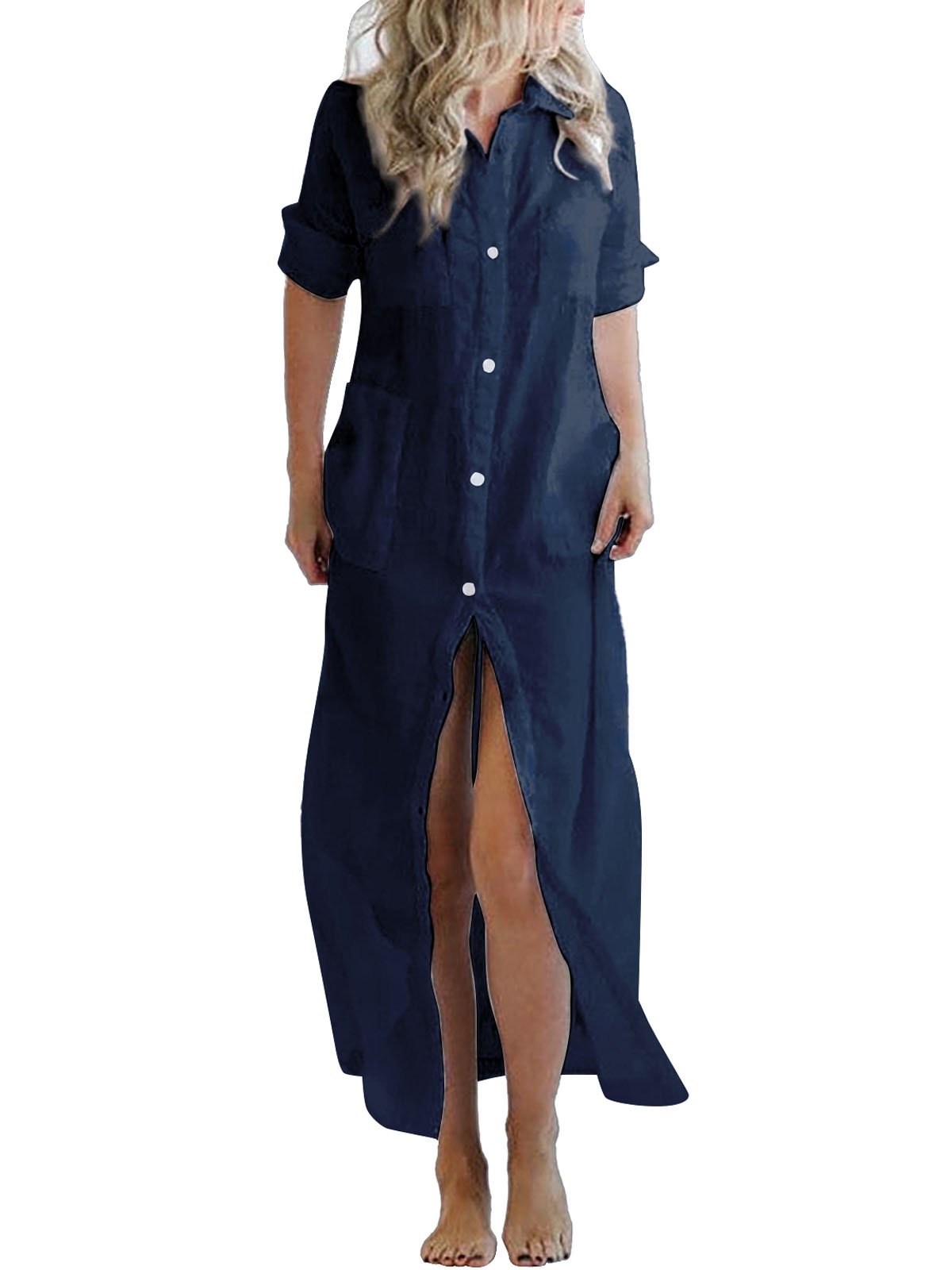 Women's Casual Solid Color Shirt Long Dress