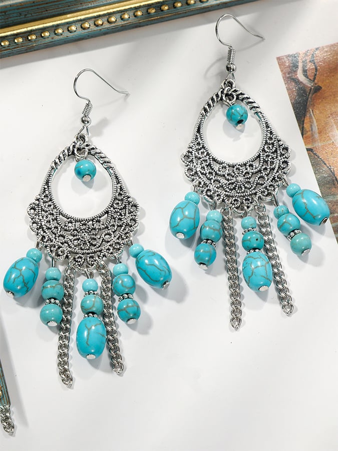 Vintage Turquoise Pendant Bohemian Beaded Ethnic Jewelry Turquoise Necklace Earring Set