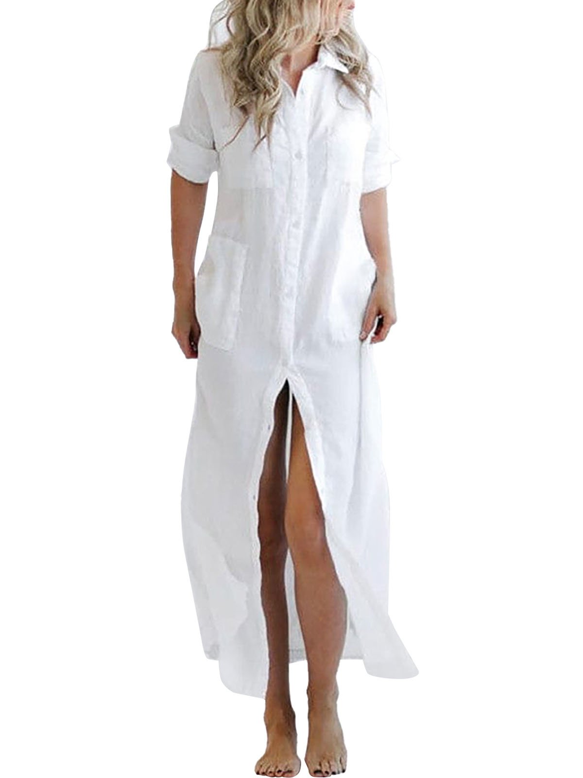 Women's Casual Solid Color Shirt Long Dress