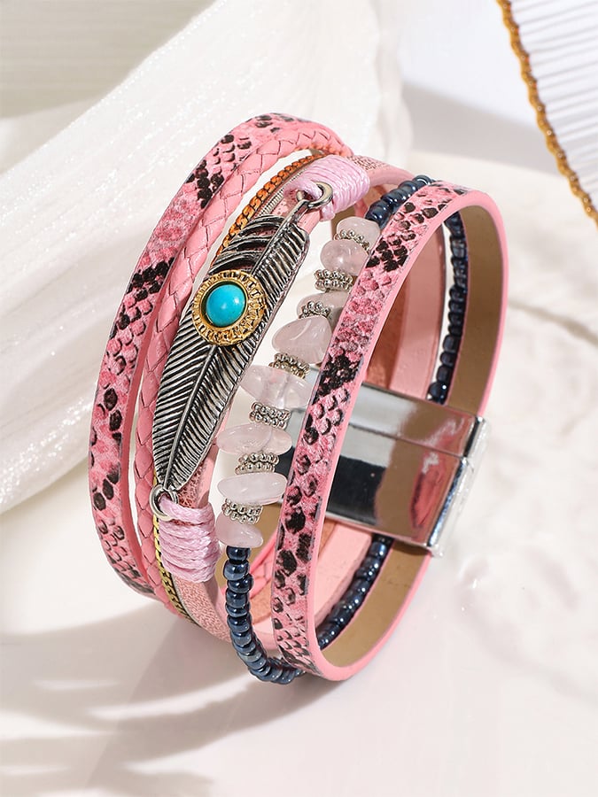 Bracelet vintage bohème pour femme avec fermoir magnétique en forme de plume turquoise 