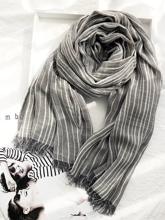 Écharpe rayée décontractée pour femme en coton et lin 