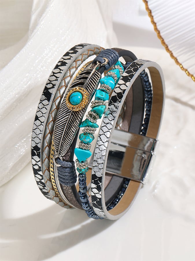 Bracelet vintage bohème pour femme avec fermoir magnétique en forme de plume turquoise 