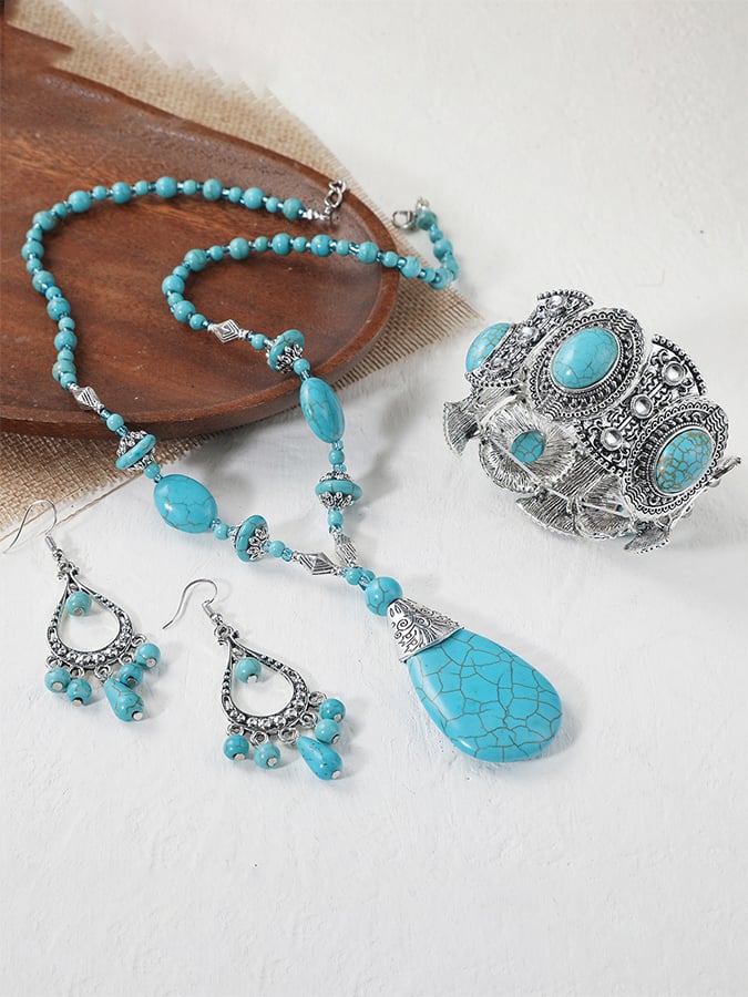 Vintage Turquoise Pendant Bohemian Beaded Ethnic Jewelry Turquoise Necklace Earring Set