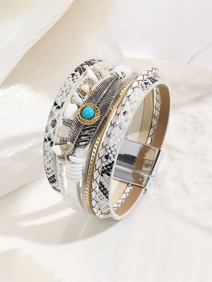 Bracelet vintage bohème pour femme avec fermoir magnétique en forme de plume turquoise 