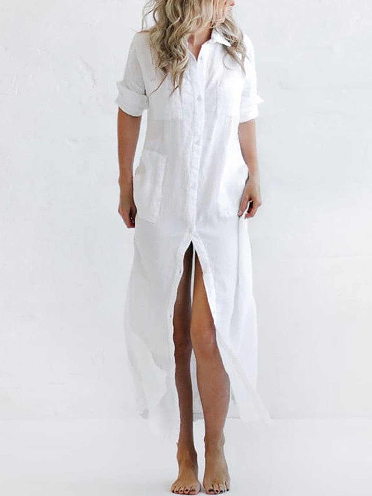 Women's Casual Solid Color Shirt Long Dress