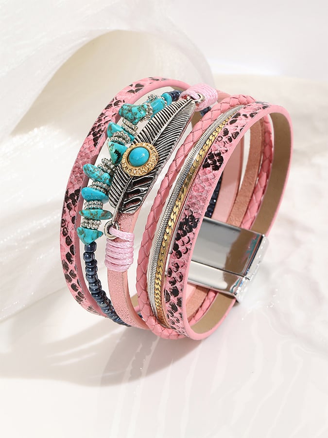 Bracelet vintage bohème pour femme avec fermoir magnétique en forme de plume turquoise 