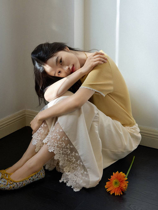 High-Waist Lace Trim Culotte Skirt Pants