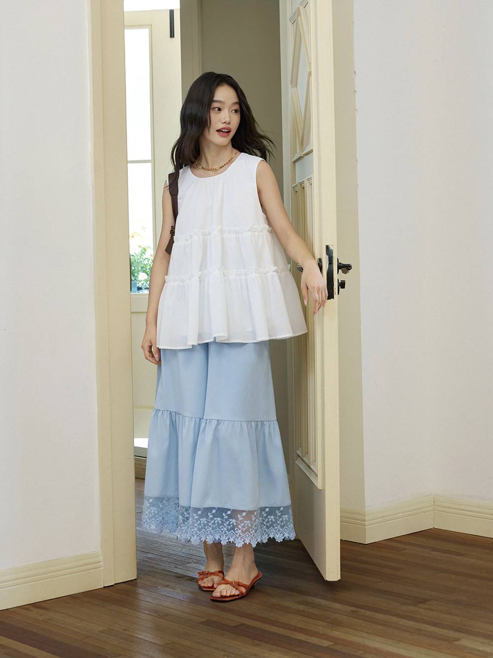 High-Waist Lace Trim Culotte Skirt Pants