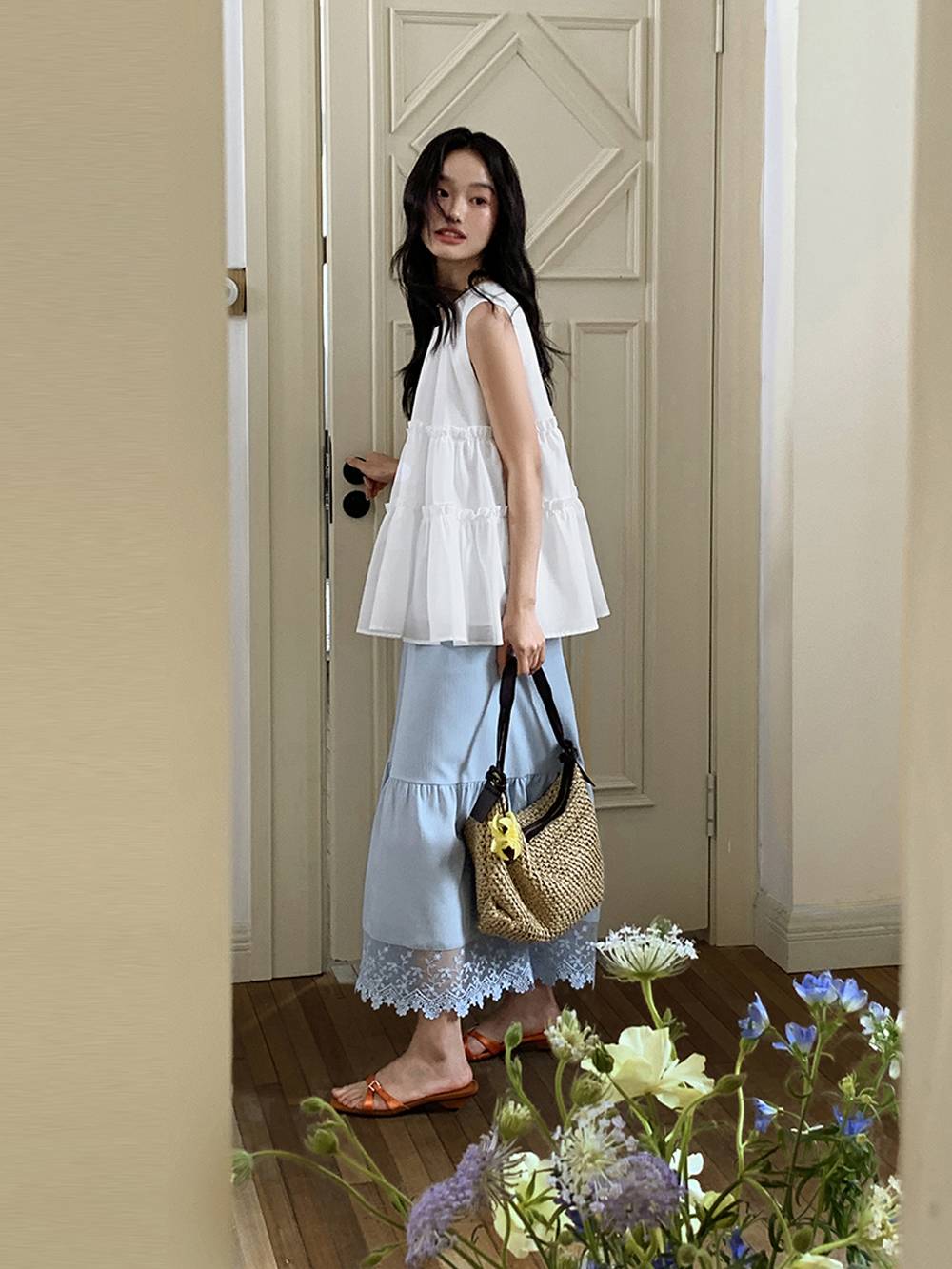 High-Waist Lace Trim Culotte Skirt Pants