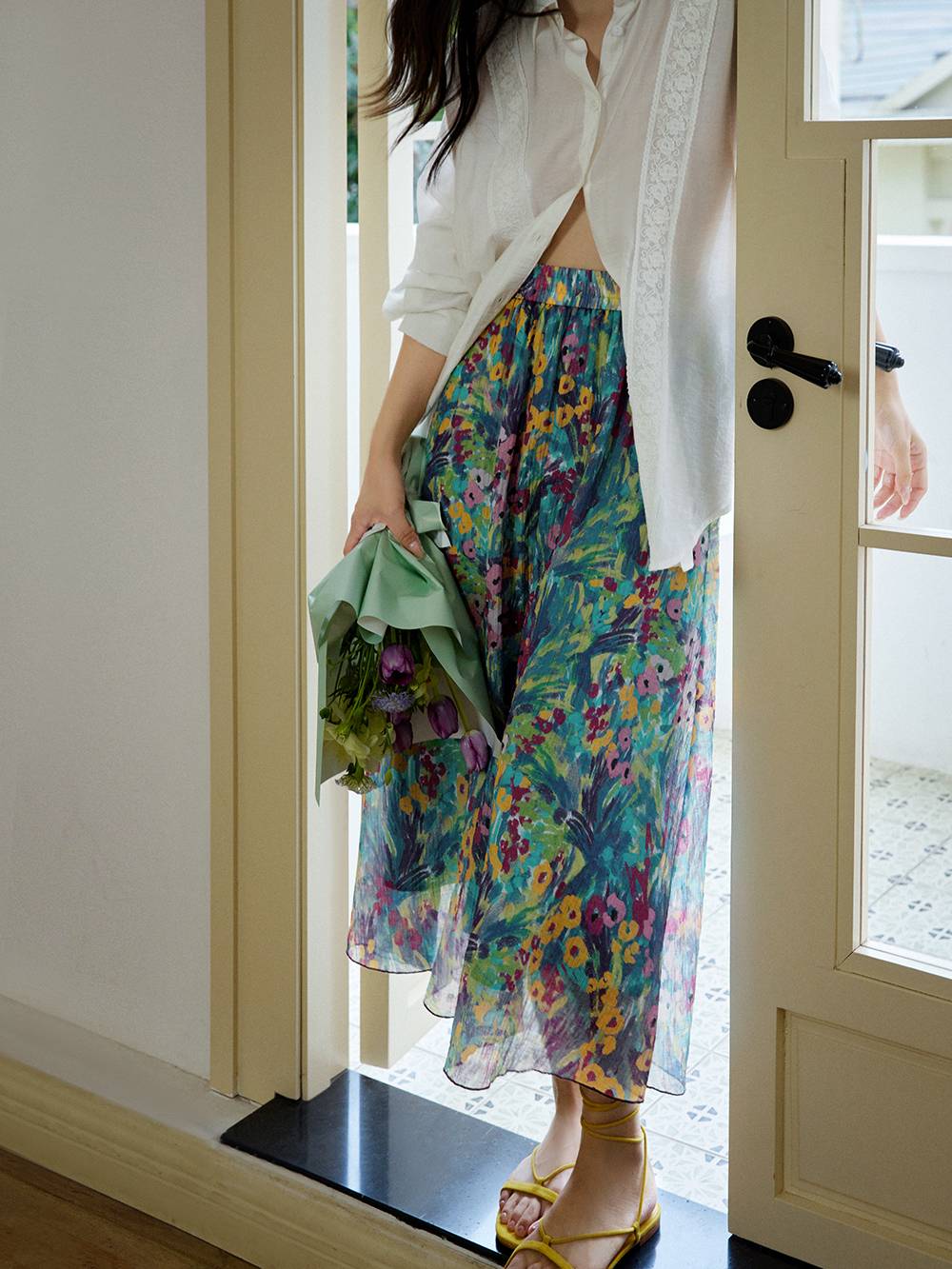 Jupe taille élastique à imprimé floral style peinture à l'huile française ✨Livraison gratuite✨