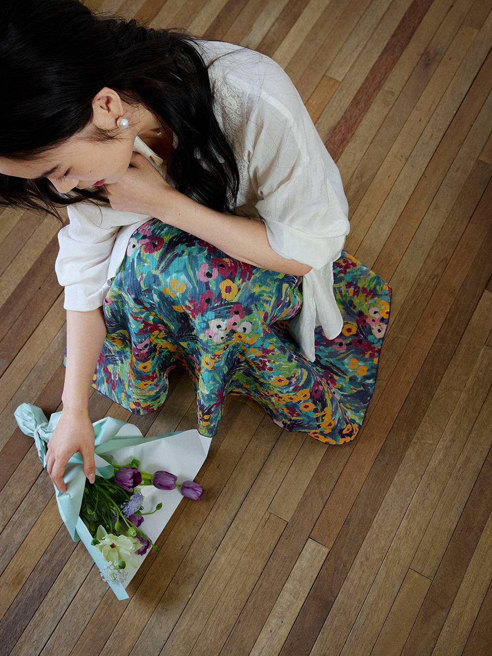 Jupe taille élastique à imprimé floral style peinture à l'huile française ✨Livraison gratuite✨