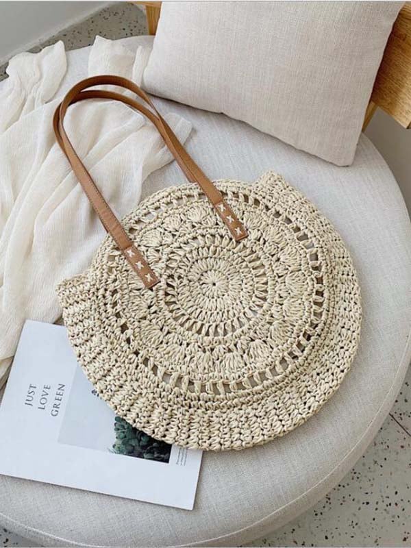 Cotton Linen Crochet Hollow Large Capacity Round Cake Straw Bag