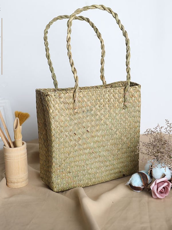 Sac créatif fait main en coton, lin et paille de forêt 