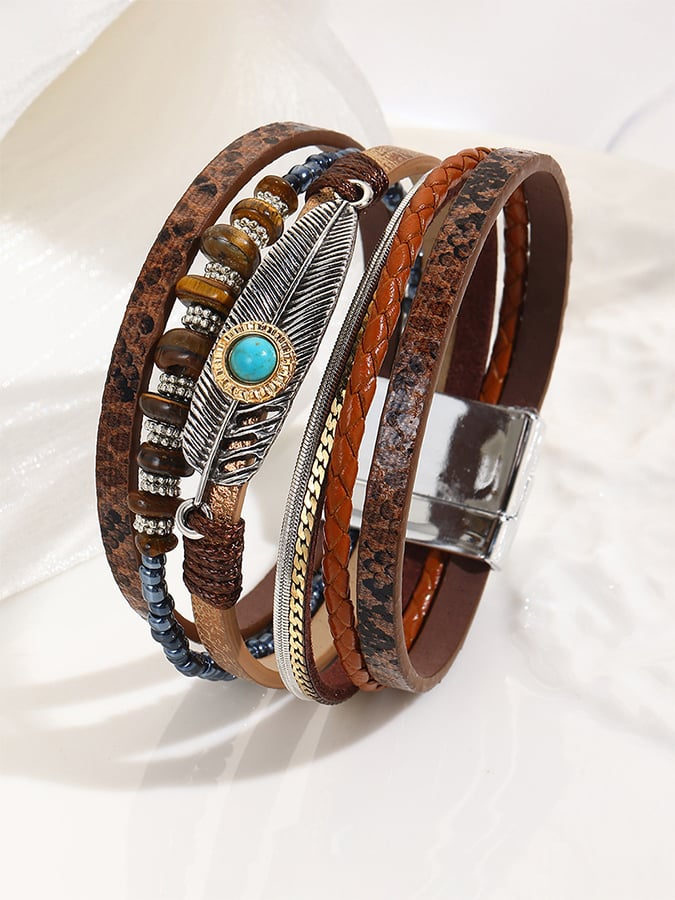 Bracelet vintage bohème pour femme avec fermoir magnétique en forme de plume turquoise 