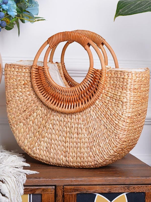 Cotton, hemp and rattan moon style handbag