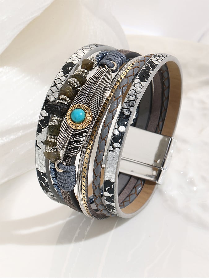 Bracelet vintage bohème pour femme avec fermoir magnétique en forme de plume turquoise 