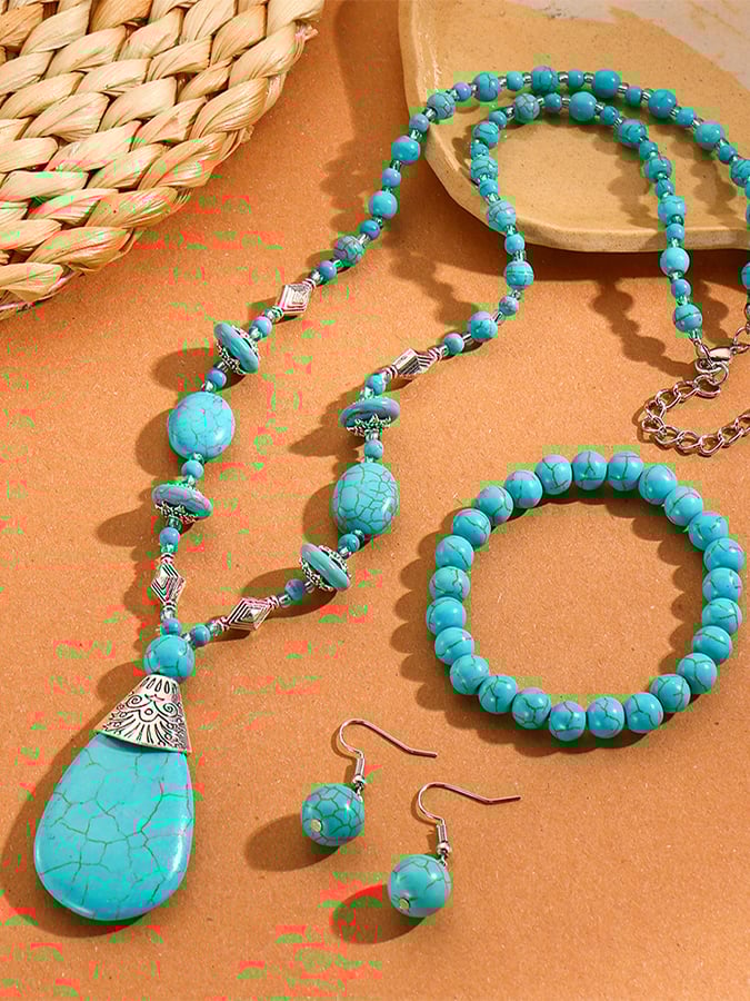 Vintage Turquoise Pendant Bohemian Beaded Ethnic Jewelry Turquoise Necklace Earring Set