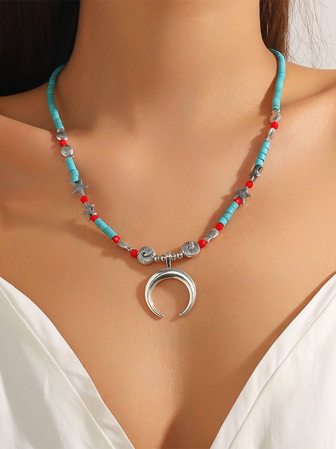 Vintage Turquoise Pendant Bohemian Beaded Ethnic Jewelry Turquoise Necklace Earring Set